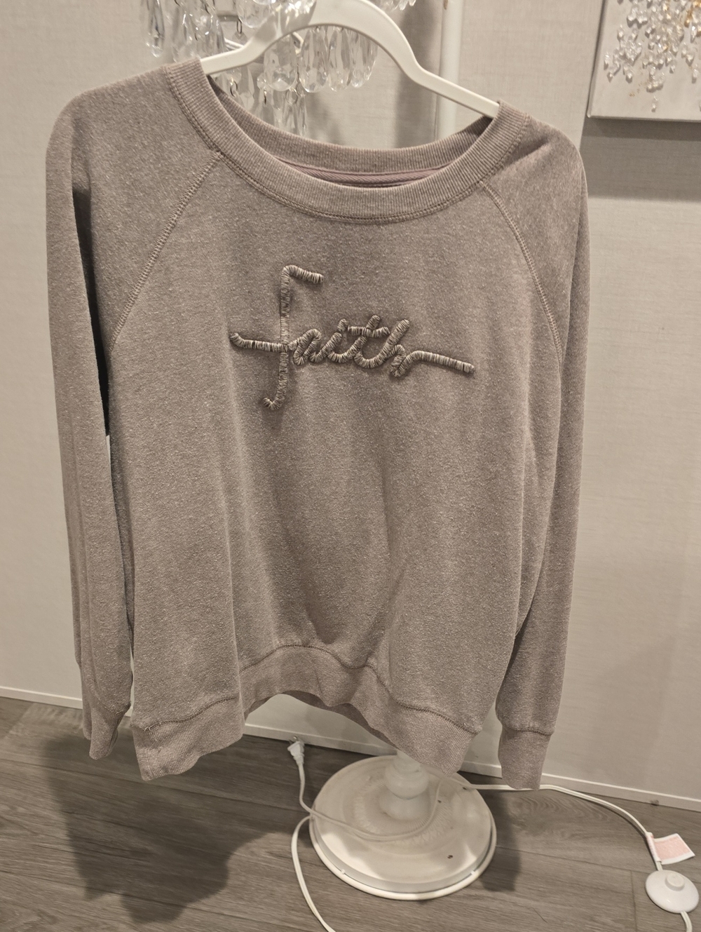 Maurices Light Gray Crewneck Sweater with "faith" Script Detail